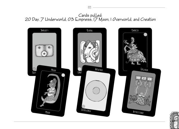 Six illustrated cards from The Star Road Map by Schiffer Publishing, Ltd. appear in two rows, featuring Mesoamerican-inspired glyphs and symbols with titles like Day, Underworld, Empress, Moon, Overworld, and Creation.