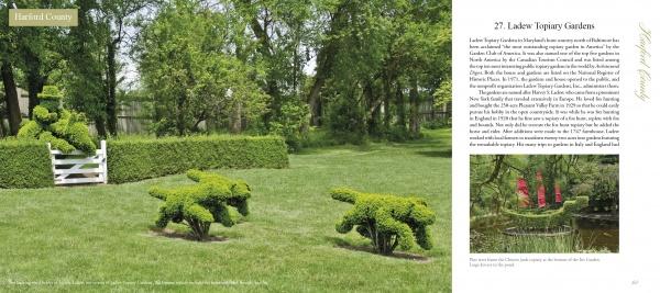 Maryland's Public Gardens & Parks by Schiffer Publishing, Ltd. showcases lush gardens with animal-shaped topiaries like horses and dogs, neat lawns, trimmed hedges, white gates, and shady trees—reflecting beautiful Maryland landscapes.