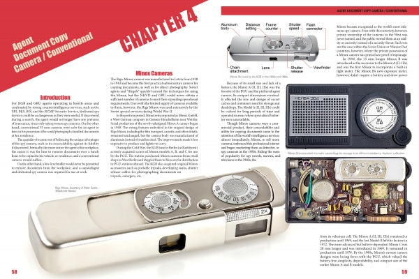 The Secret History of KGB Spy Cameras by Schiffer Publishing, Ltd. features vintage Minox and Soviet spy cameras shown from various angles, with pages detailing Cold War espionage and the unique features of these covert devices.