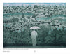 A person with an umbrella faces a muted green and gray landscape, evoking the calm, rainy scenes featured in "Printmakers Today" by Schiffer Publishing, Ltd., showcasing contemporary printmaking techniques.