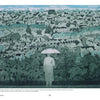 A person with an umbrella faces a muted green and gray landscape, evoking the calm, rainy scenes featured in "Printmakers Today" by Schiffer Publishing, Ltd., showcasing contemporary printmaking techniques.