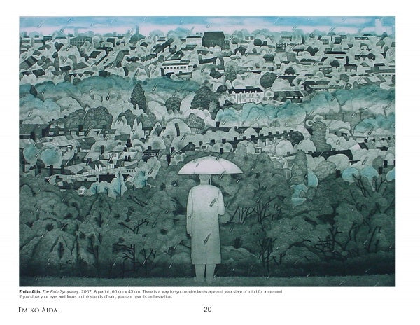 A person with an umbrella faces a muted green and gray landscape, evoking the calm, rainy scenes featured in "Printmakers Today" by Schiffer Publishing, Ltd., showcasing contemporary printmaking techniques.
