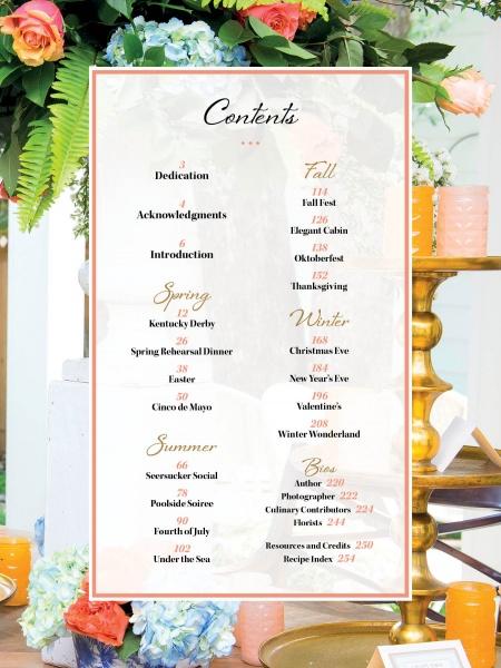 The "Four Seasons of Entertaining" by Schiffer Publishing, Ltd. features a floral-bordered contents page listing Spring, Summer, Fall, and Winter sections with themed events and page numbers—perfect for discovering seasonal party inspirations.