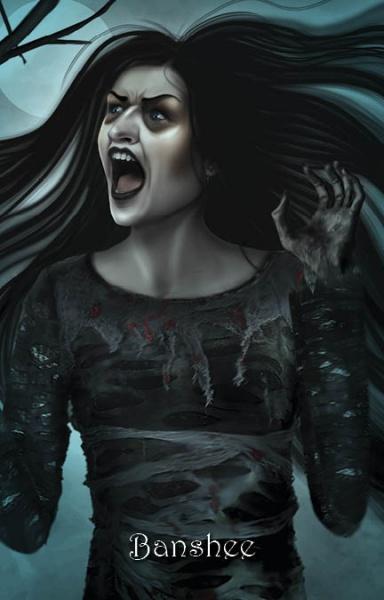 A ghostly woman with long black hair screams, her mouth agape. She clutches an oracle card from The Witch’s Oracle, 2nd Edition by Schiffer Publishing, Ltd., with "Banshee" written at the bottom of the eerie, dark-toned image.