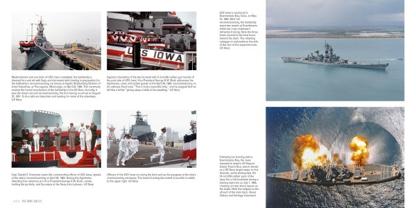 A spread from Schiffer Publishing, Ltd.'s USS Iowa (BB-61) photo book shows the battleship at port, close-ups of WWII gun turrets, a crew ceremony, sailing scenes, and dramatic firing images—each with descriptive text.