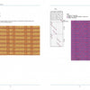Two pages from "Weaving Innovations from the Bateman Collection" by Schiffer Publishing, Ltd. feature threading, treadling diagrams, drafts, and a yellow-brown swatch; Bateman weaves for intermediate/advanced weavers and clear instructions are shown.