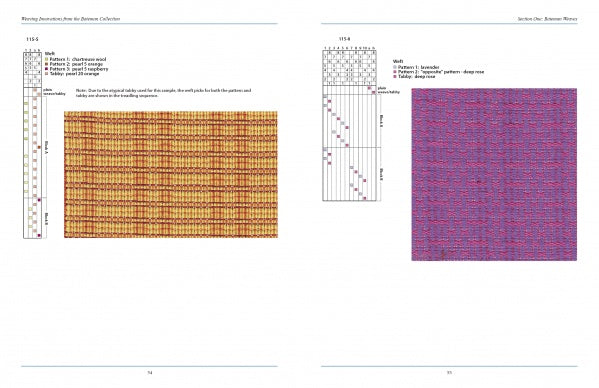 Two pages from "Weaving Innovations from the Bateman Collection" by Schiffer Publishing, Ltd. feature threading, treadling diagrams, drafts, and a yellow-brown swatch; Bateman weaves for intermediate/advanced weavers and clear instructions are shown.