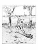 A black-and-white sketch from "Looted Beauty" by Schiffer Publishing, Ltd. shows a man in a hat and coat with a stick walking outdoors between two trees, with buildings or factories visible across water in the background.