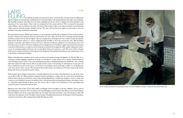 A magazine spread in "Bodies of Work—Contemporary Figurative Painting" by Schiffer Publishing, Ltd. features text on Lars Elling and a painting of a ballerina seated on a bench, hand held by a figure in white shirt and black tie—a vivid figurative scene.
