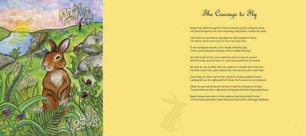 Illustration of a brown rabbit in a meadow at sunrise with wildflowers and grass, with the title Rupert's Tales from Schiffer Publishing, Ltd. and a children's adventure story printed on a yellow background to the right.