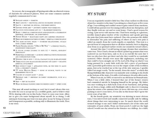 A black-and-white page from "Under Spiritual Siege" by Schiffer Publishing, Ltd. shows RPG character symbols and meanings on the left, with the right page titled "MY STORY," sharing the author's childhood experiences with ghosts and demons.