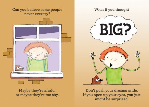 Inspired by Schiffer Publishing, Ltd.'s "squarzi": a child looks sadly out a window, then joyfully raises their arms with their dog, imagining the word BIG?—an uplifting scene encouraging kids to try new things.
