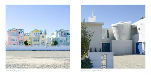 Side-by-side photos of pastel houses with blue roofs and a modern white building under a clear sky showcase the charm of Long Beach Island, featured in "The Jersey Shore" by Schiffer Publishing, Ltd.