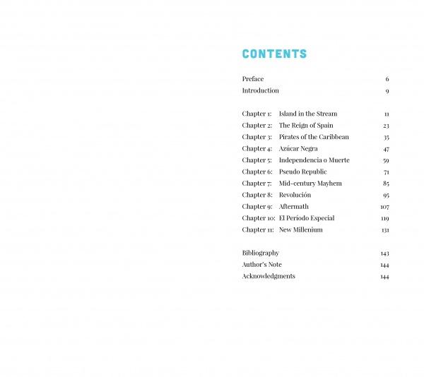 The table of contents in Cuba's Evolution by Schiffer Publishing, Ltd. lists chapters like Preface, Introduction, Island in the Stream, The Reign of Spain, Pirates of the Caribbean, and Azúcar Negra—exploring Cuban history and modern life.