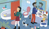 In "Shhh" by Schiffer Publishing, Ltd., a woman brushes teeth, a man shaves, a toddler uses a step stool to wash hands, while fun onomatopoeias capture the sounds. Even the cat and rubber duck join in this lively bathroom scene.