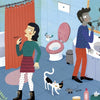 In "Shhh" by Schiffer Publishing, Ltd., a woman brushes teeth, a man shaves, a toddler uses a step stool to wash hands, while fun onomatopoeias capture the sounds. Even the cat and rubber duck join in this lively bathroom scene.