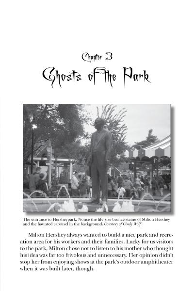 Chapter title Ghosts of Hershey and Vicinity above a black-and-white photo of Hersheypark’s entrance, with Milton Hershey’s statue and carousel, evokes paranormal tales from Hershey, Pennsylvania. Published by Schiffer Publishing, Ltd.