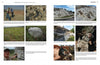 A spread from "Stromatolites" by Schiffer Publishing, Ltd. features photos of rocky landscapes, close-up rock formations, and people studying fossilized stromatolites, with captions explaining geological context and cyanobacteria formation.