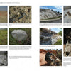 A spread from "Stromatolites" by Schiffer Publishing, Ltd. features photos of rocky landscapes, close-up rock formations, and people studying fossilized stromatolites, with captions explaining geological context and cyanobacteria formation.