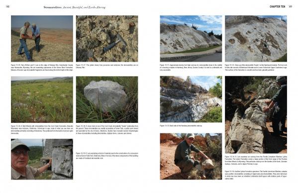 A spread from "Stromatolites" by Schiffer Publishing, Ltd. features photos of rocky landscapes, close-up rock formations, and people studying fossilized stromatolites, with captions explaining geological context and cyanobacteria formation.