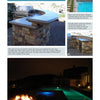 Scott Cohen's Poolscapes by Schiffer Publishing, Ltd. features a stone outdoor kitchen with curved stainless steel countertop, showcased with pool landscaping and stunning backyard pool designs beside a lit swimming pool at night.