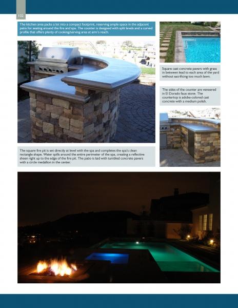 Scott Cohen's Poolscapes by Schiffer Publishing, Ltd. features a stone outdoor kitchen with curved stainless steel countertop, showcased with pool landscaping and stunning backyard pool designs beside a lit swimming pool at night.