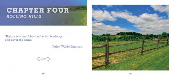 A wooden fence lines a grassy field beneath a blue sky, opening Chapter Four: Rolling Hills in Barns, Farms, and Rolling Hills of Chester County by Schiffer Publishing, Ltd., featuring a Ralph Waldo Emerson quote on the left page.
