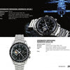 On a catalog page, Omega Highlights by Schiffer Publishing, Ltd. is displayed below a space station orbiting Earth. Beside the elegant publication, details and prices are shown for each featured timepiece.