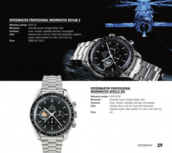 On a catalog page, Omega Highlights by Schiffer Publishing, Ltd. is displayed below a space station orbiting Earth. Beside the elegant publication, details and prices are shown for each featured timepiece.