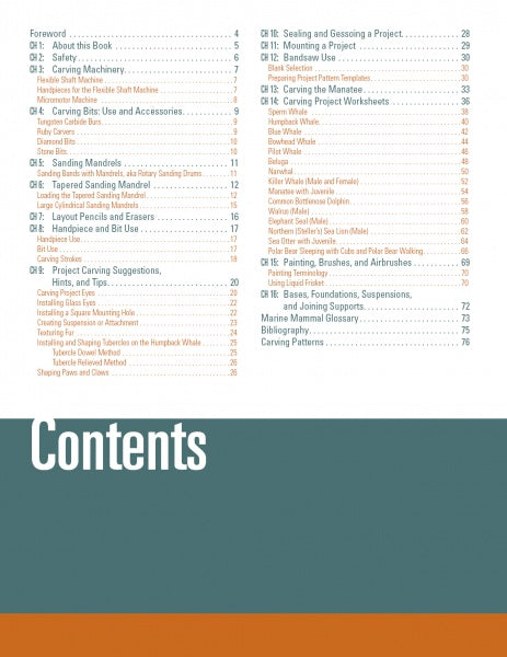 The table of contents in Carving Marine Mammals with Power by Schiffer Publishing, Ltd. lists chapters on carving, tools, sanding, painting, finishing projects—including marine mammal techniques—with page numbers. The lower half is teal and says "Contents.
