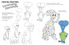 Creatures and Characters by Schiffer Publishing, Ltd. features a character design sheet showing the evolution of two cartoon creatures—one tall with a blue head, one colorful with polka dots—with sketches, finals, and notes.