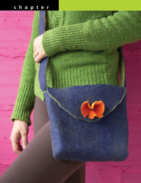 A person in a green sweater and brown pants holds "Felting" by Schiffer Publishing, Ltd.—a blue felted shoulder bag with an orange flower flap—standing before a pink wall.