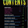 The "Let's Get Monster Smashed" table of contents from Schiffer Publishing, Ltd. features colorful illustrations, funky fonts, and dripping effects, with sections like Greetings, Monster Shots, Potions & Grog, and more.