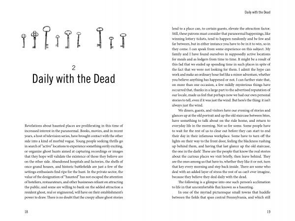 An open copy of "Skeleton Keys" by Schiffer Publishing, Ltd. lies open to pages 18-19, showing a chapter called "Daily with the Dead" below seven antique keys and sharing ghostly workplace hauntings and paranormal tales.