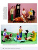 Two images of Schiffer Publishing, Ltd. Dollhouse and Miniature Dolls: Vintage figures with a dog in a living room above, and modern dolls outdoors by a barbecue with family and a yellow lounge chair below.