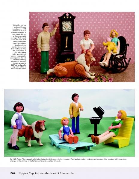Two images of Schiffer Publishing, Ltd. Dollhouse and Miniature Dolls: Vintage figures with a dog in a living room above, and modern dolls outdoors by a barbecue with family and a yellow lounge chair below.