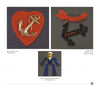 Schiffer Publishing, Ltd.'s WWII Bakelite Jewelry features sailor-themed pins: a red heart with anchor, black anchor reading “Sailor!” with a red arrow, and a sailor in blue pants—each shown on a plain background.