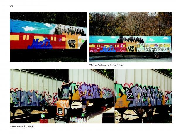 Truck Art" by Schiffer Publishing, Ltd. features three photos of NYC graffiti: vibrant “Mets” and “Yankees” murals on trains above, with two artists painting a semi-truck trailer below.