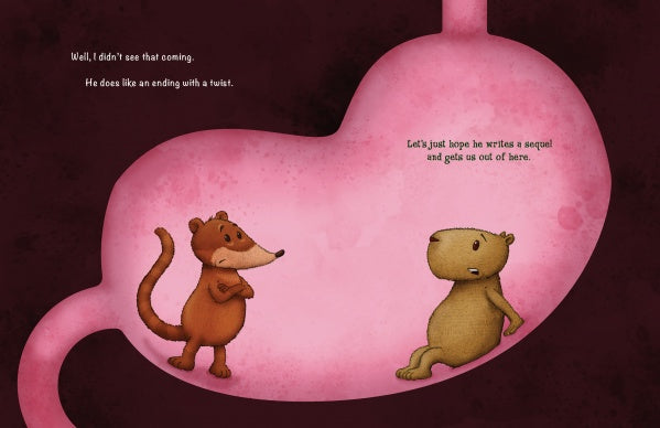 In "Untitled" by Schiffer Publishing, Ltd., a brown weasel and tan capybara stand in a pink stomach looking worried, while text above jokes about silly story endings and hoping for a sequel. A dark red background adds suspense.