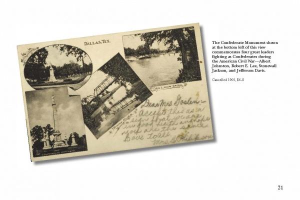 Greetings From Dallas by Schiffer Publishing, Ltd. is a vintage postcard featuring historic Dallas scenes—a monument, lake, bridge, handwritten notes—and text describing the monument’s commemoration of Civil War Confederate leaders.