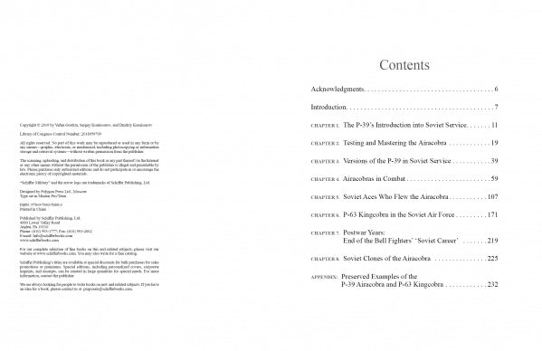 The image features the copyright page and table of contents for "The Bell P-39 Airacobra and P-63 Kingcobra Fighters" by Schiffer Publishing, Ltd., highlighting chapters on WWII service, Soviet use, variants, postwar roles, notable aces, and page references.
