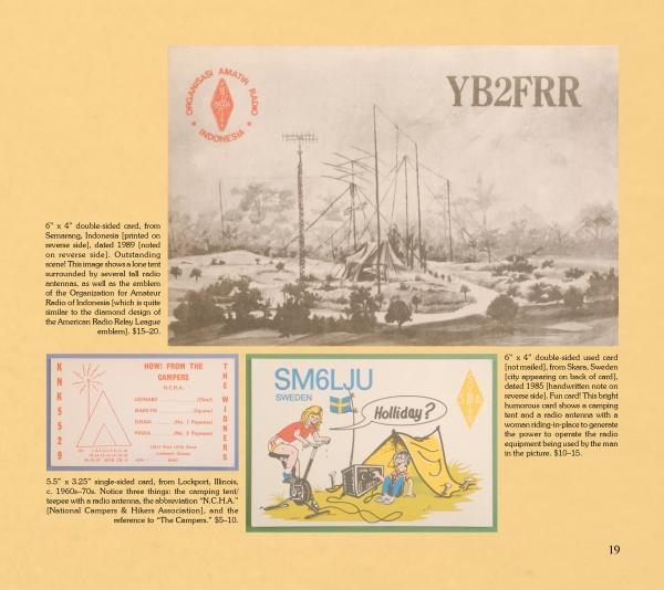 A vintage-style QSL card titled "Amateur Radio Goes Camping & RVing" by Schiffer Publishing, Ltd. shows a ham radio antenna in a rural, wooded area with mountains, plus two smaller colorful illustrated QSL cards below.