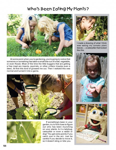 A collage for Kinder Gardens by Schiffer Publishing, Ltd. shows kids gardening, studying leaves, drawing, and holding a caterpillar; a smiling mascot joins in. Text sparks curiosity about what’s eating the plants.