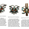 Figural Designs in Zuni Jewelry" by Schiffer Publishing, Ltd. showcases butterfly pins from the 1950s–60s, crafted by Zuni jewelers in mosaic turquoise, red spiny oyster, silver, and more, shown on white with captions.