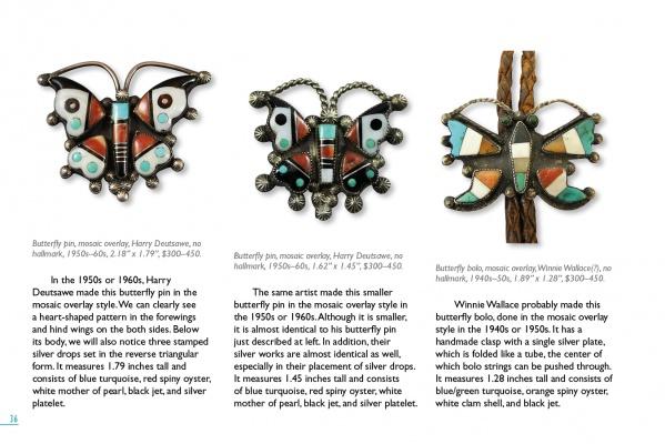 Figural Designs in Zuni Jewelry" by Schiffer Publishing, Ltd. showcases butterfly pins from the 1950s–60s, crafted by Zuni jewelers in mosaic turquoise, red spiny oyster, silver, and more, shown on white with captions.