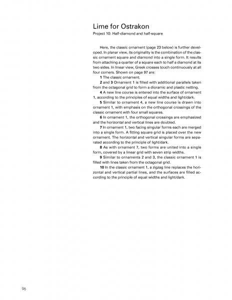 A page titled Geometric Ornament in Architecture, Art, and Design by Schiffer Publishing, Ltd. explores Project 10: Half-diamond and half-square, examining classic geometric ornament design, its variations, and unique structure.
