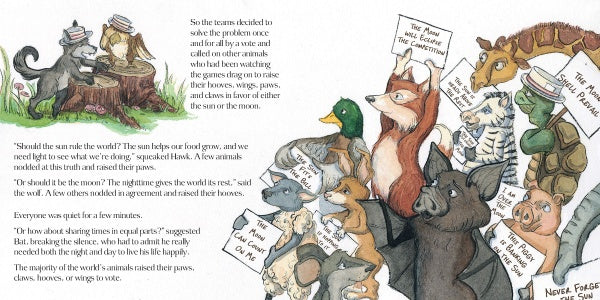 In "Sun & Moon Take Turns" by Schiffer Publishing, Ltd., animals in hats debate around a tree stump, while a duck, bat, cat, dragon, and others hold funny signs about controlling day and night in this whimsical children's science story.