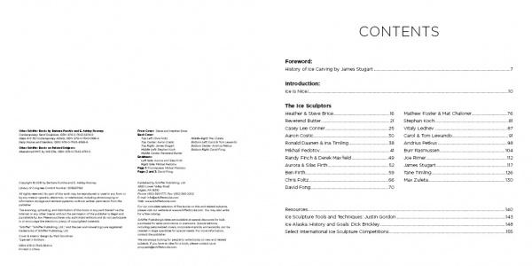 Table of contents page from "Contemporary Ice Sculpture" by Schiffer Publishing, Ltd., showing section titles—Foreword, Introduction, The Ice Sculptors (list of famous artists and page numbers), and Resources—in black text on a white background.
