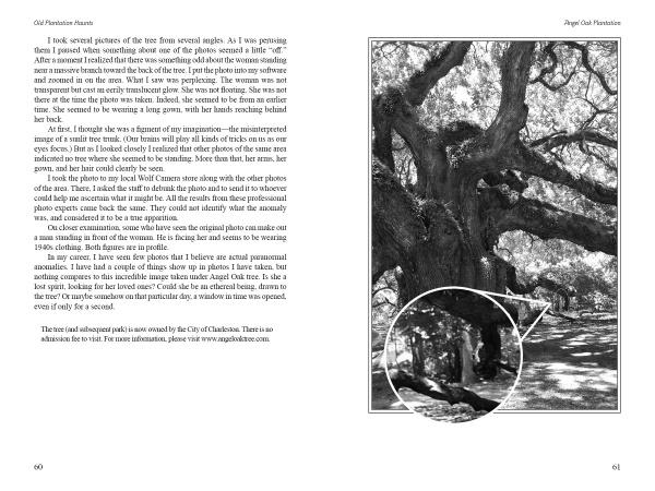 Two pages from "Ghosts and Legends of Charleston, South Carolina" by Schiffer Publishing, Ltd. show a striking black-and-white photo of a sprawling oak tree, an inset close-up, and chilling details about its eerie history and local ghost stories.