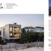 The book "Designing for Disaster" by Schiffer Publishing, Ltd. features a modern beach house with large glass windows on pillars, innovative design, sandy surroundings, fencing, and neighboring homes under a clear sky, plus an inset with trees and blue sky.